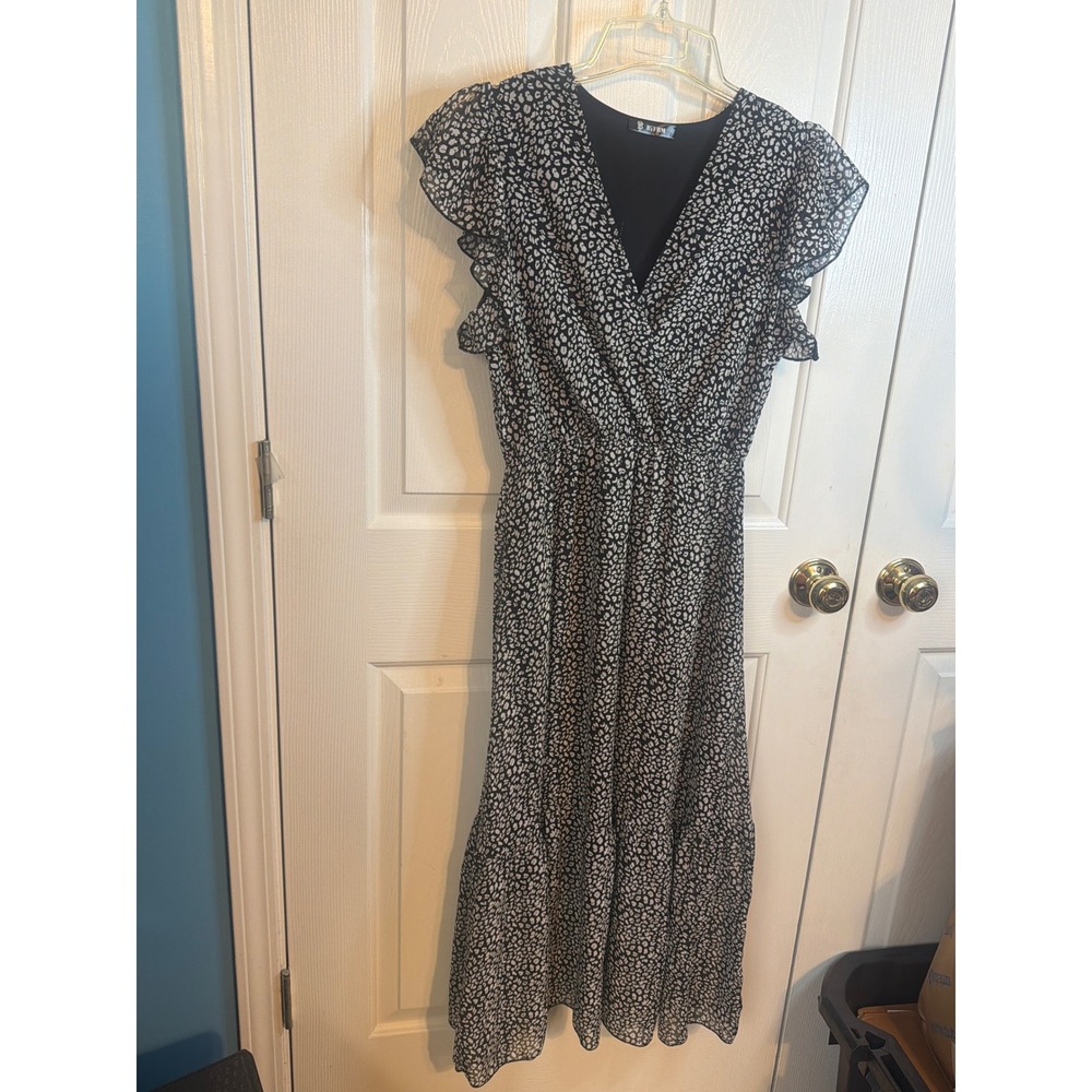 BTFBM Womens Black White Leopard Print Ruffle Sleeve Tiered Midi Dress Small